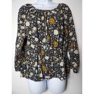 Universal Threads Top Blouse Boho Large Floral Teal Beige Coquette Ruffle